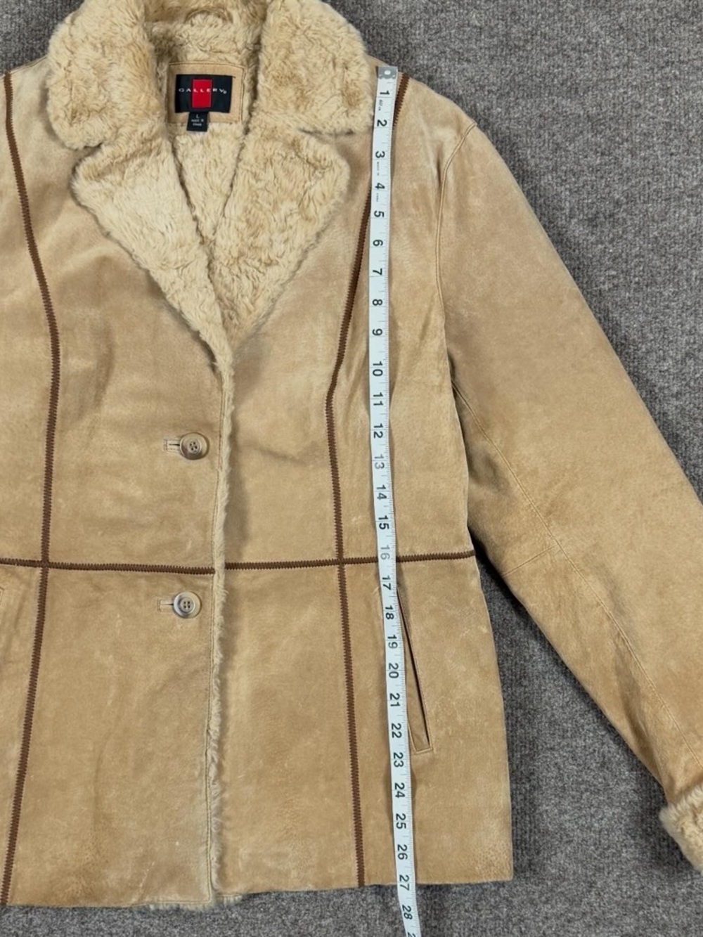 Gallery Suede Leather Button Front Jacket Womens L Faux Fur Trim Penny Lane Coat - Picture 8 of 9